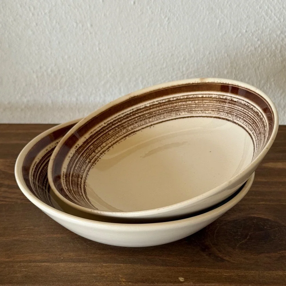Vintage Royal Starfire Ironstone Cereal Bowls Set Of 2 Brown Stripe MCM‎ Neutral